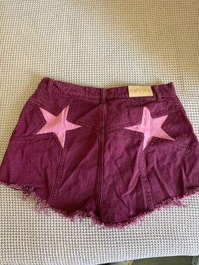 Nasty Gal Burgundy Denim Shorts with Pink Star Appliqués